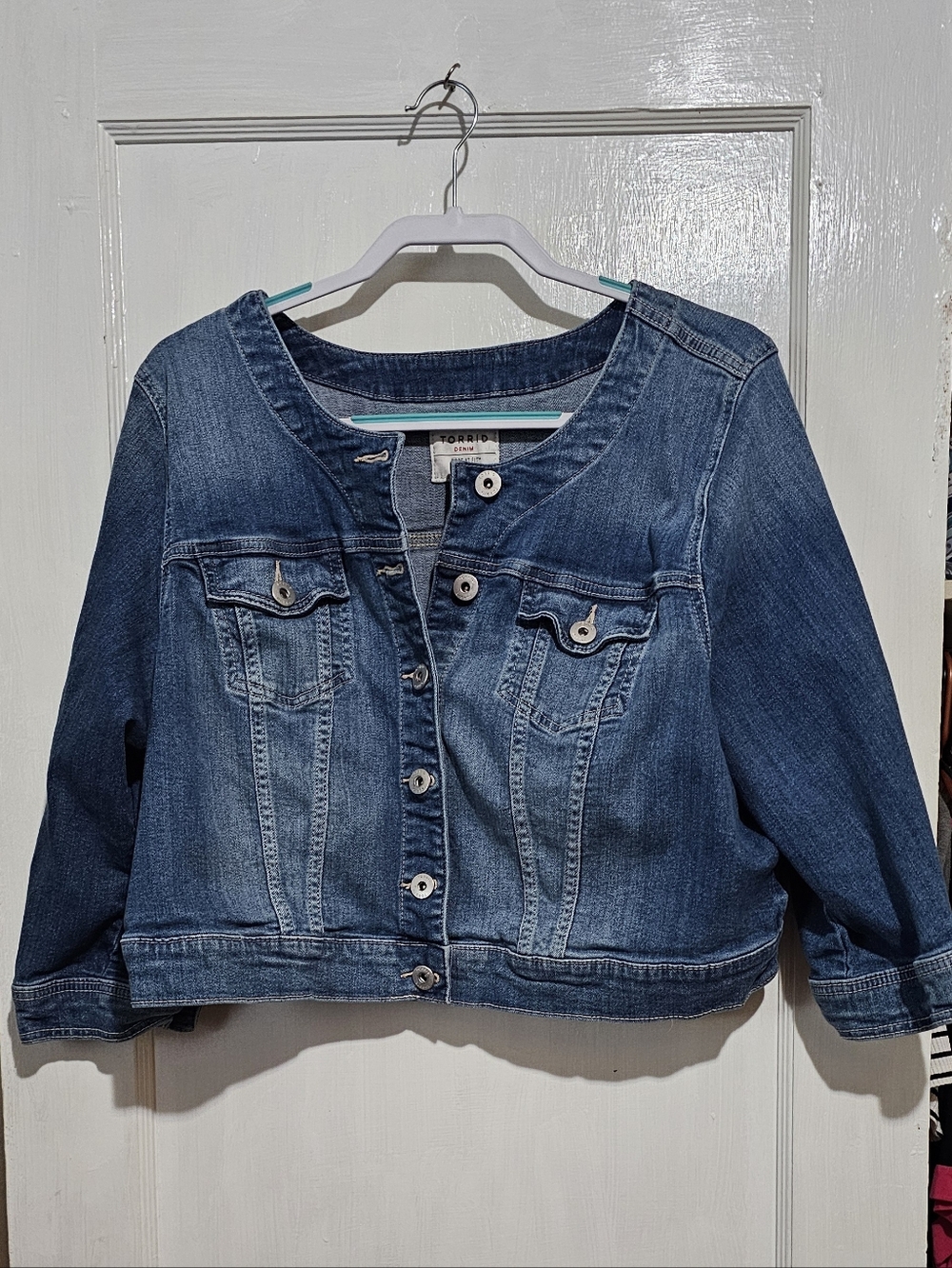 torrid Blue Denim Colarless Button-Front Jacket